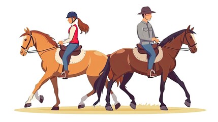 A man and a woman are riding horses side by side