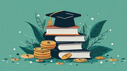 A stack of books and coins with a graduation cap on top