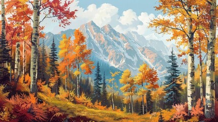 Fototapeta premium Scenic autumn landscape in a forest of birch aspen and pine trees on a mountain slope