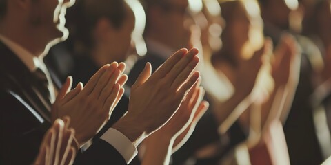A group of people dressed in formal attire clapping at an event with blurred faces