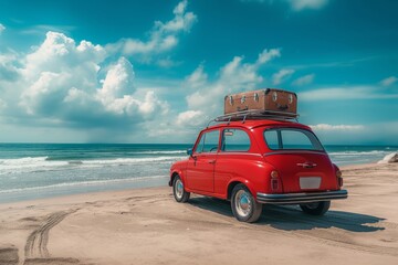 Rear view a red vintage car with roof luggage parked on a sandy beach ocean waves in the background - Powered by Adobe