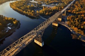 Aerial View Of Steel Bridge Over River During Autumn Season. Generative AI