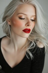 Hottest Blonde Woman with White Hair and Red Lips Fashion Photography.. Fictional Character Created By Generative AI. 