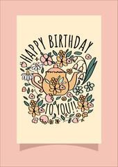 Cute hand-drawn happy birthday card with wildflowers and a teapot.