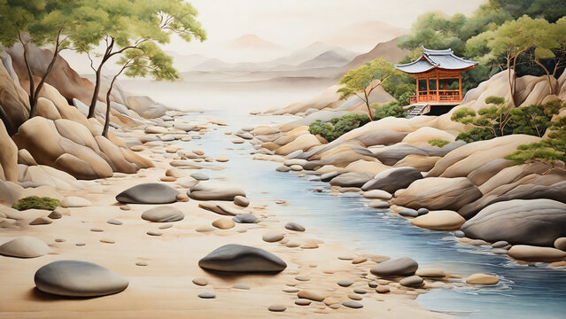 Silk painting: A serene, Zen garden-inspired scene, with carefully arranged rocks, raked sand, and a sense of balance and tranquility, all captured in the subtle, harmonious colors of silk