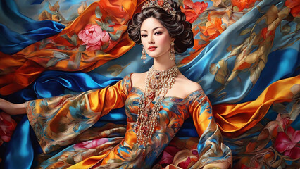 Silk painting: An elegant, portrait of a historical or fictional figure, adorned with luxurious clothing and accessories, all rendered in the vivid, flowing colors of silk painting, 
