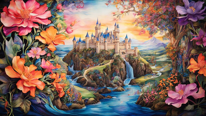 Silk painting: An enchanting, fairy tale-inspired composition, featuring magical castles, mythical creatures, and a sense of wonder, all brought to life with the vivid,