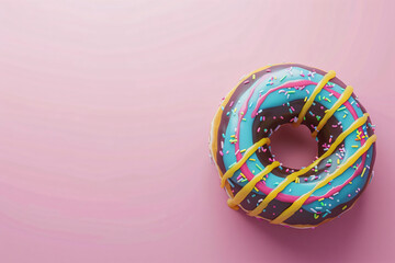 a donut with a colorful icing and sprinkles on a pink background
