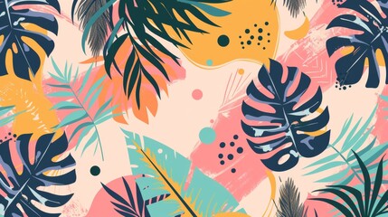 Seamless summer pattern with zebra stripes, colorful feathers, and textured reptile skin