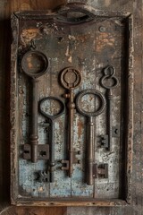 A bunch of old keys, displaying a collection of antique pieces, are hung on a weathered wall.