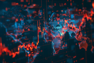 Fototapeta premium A stock market graph overlaying a digital map represents a financial crisis with a bearish trend in a digital graphic style on a dark background. 3D Rendering