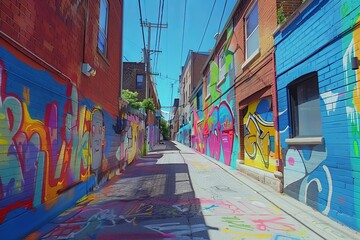 Fototapeta premium A city street adorned with an array of colorful graffiti art covering the walls, transforming the alleyway into an eye-catching and captivating urban scenery.