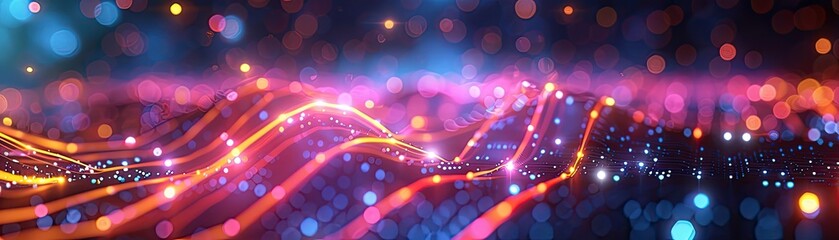 Fototapeta premium Abstract glowing waves of light in vibrant pink, orange, and blue tones, creating a dynamic visual