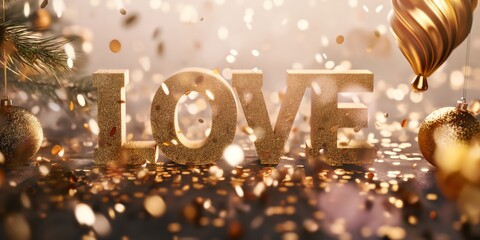 Sparkling golden 'LOVE' letters surrounded by festive decor and soft golden lights