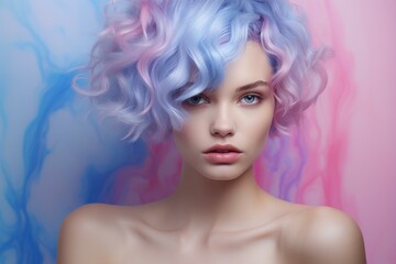 Fashion portrait of a model with multicolored curly hair against a soft, colorful backdrop