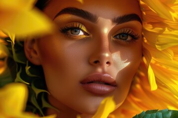 Fototapeta premium Summer Vacation Enjoying African American Woman Posing Sunflower for a photo. Fictional Character Created By Generative AI. 
