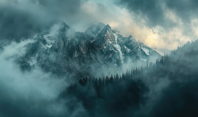Cloudcovered mountain with trees in foreground creating a natural landscape - Powered by Adobe