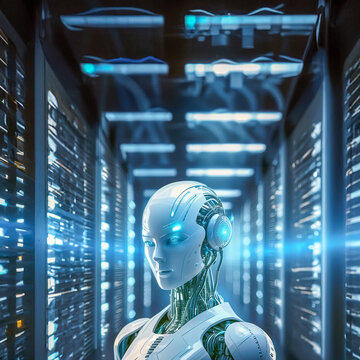 컴퓨터로 가득찬 실내를 배경으로 인공지능 로봇의 초현실적 이미지-Surreal image of an AI robot against a background filled with computers