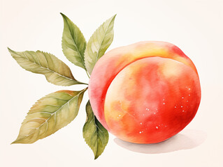 Hand drawn watercolor painting isolated on white background. Vector illustration of fruit peach and peach leaves.