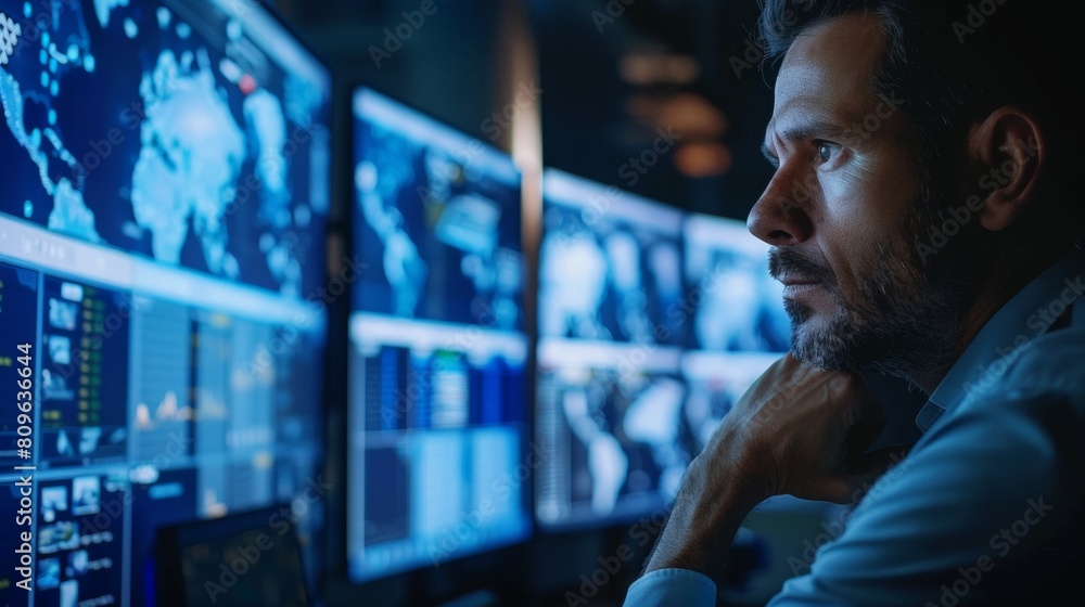 Poster sideview of a focused male professional analyzing data on multiple computer screens in a hightech se