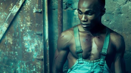 Muscular Man in Overalls Posing in an Industrial Environment