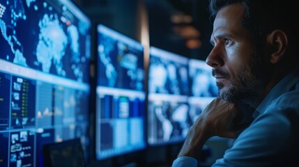 Sideview of a focused male professional analyzing data on multiple computer screens in a hightech security control room