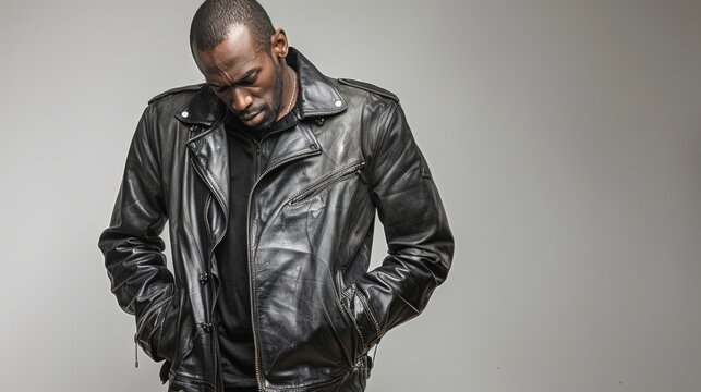 Stylish African-American Man in Leather Jacket Posing on Grey Background