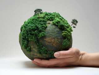 A conceptual image depicting a hand cradling a spherical model covered with greenery, resembling a tiny Earth.
