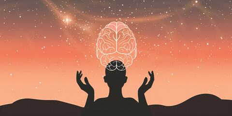 Silhouette with illuminated brain under a starry sky. Enlightenment under the cosmos