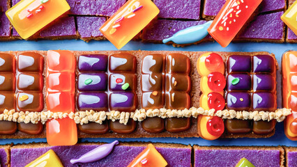 Birthday treat: layered cake, sprinkles, chocolate tiers, whipped cream, against purple backdrop.