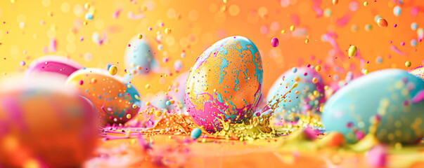 Eye-catching Easter eggs splashed with vivid paint, enhancing visual allure, bright orange backdrop