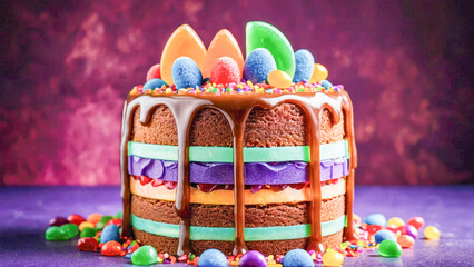 Birthday extravaganza: towering cake, candies, chocolate layers, whipped cream, purple backdrop.