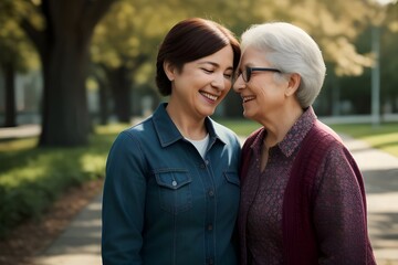 a portrait of a happy adult daughter and mother on mother's day in a park setting