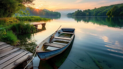 Obraz premium Beautiful lake landscape with row boat and old wooden lake bridge with beautiful sky and cloud background, place for rest and relax, calm water with fresh environment