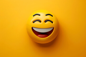 Fototapeta premium Laughing emoji face, yellow background