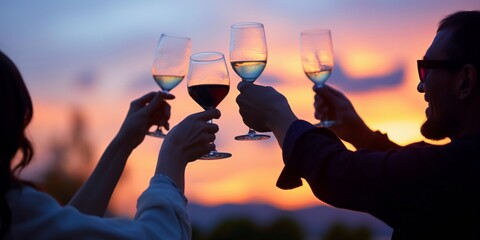 Silhouettes of friends raising wine glasses against a beautiful sunset, celebrating a special moment together