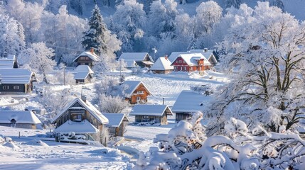 Winter village encased in snow