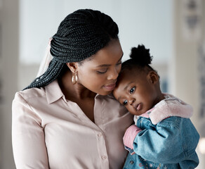 Love, comfort or mother and daughter hug in house with security, protection and assurance in...