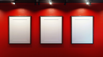 A gallery wall with three white frames on a rich red background, lit by overhead spotlights.