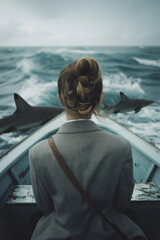 Fototapeta premium Elegant woman in a suit observes dolphins from a small boat, reflecting on leadership and navigation through turbulent waters, set against a moody ocean backdrop - AI generated
