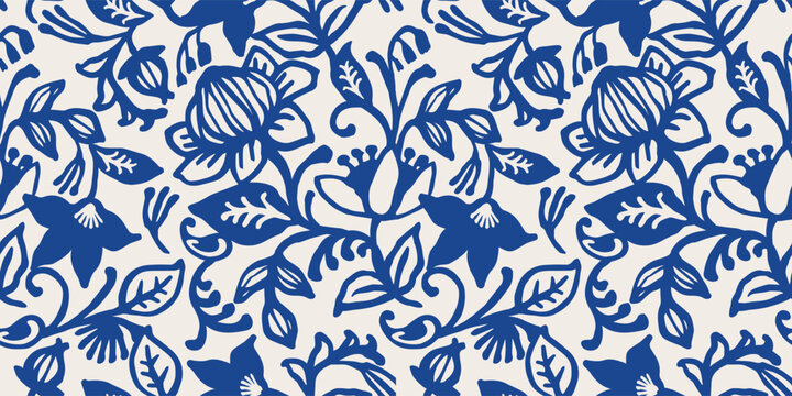 Ethnic blue seamless patterns with plant motifs. Modern abstract design for paper, cover, fabric, interior decor and other