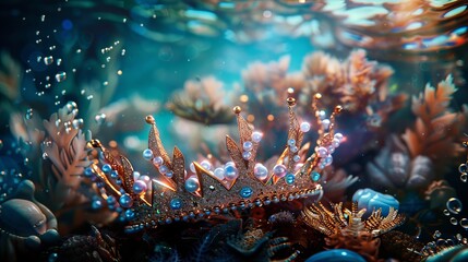 A crown submerged underwater with pearls, rendered realistically in 4K resolution. This fantasy art...