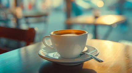 Fototapeta premium A cup of coffee on a saucer with a spoon, captured in a tilt-shift photo with anamorphic bokeh, showcasing an Italian style