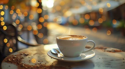 
A cup of coffee on a saucer with a spoon, captured in a tilt-shift photo with anamorphic bokeh, showcasing an Italian style