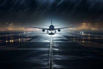 Atmospheric shot of a commercial airplane on a wet runway at night, with airport lights and reflective surfaces