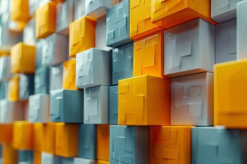 A wall of colorful cubes with a blue and yellow background.