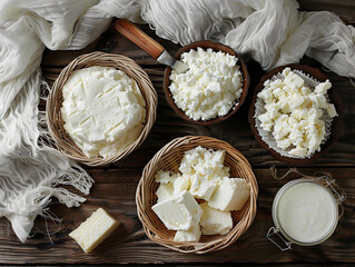 Assorted Dairy Products on Rustic Wooden Background