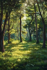 A depiction of a forest glade with trees and grass, illuminated by dappled sunlight.