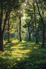 Fototapeta premium A depiction of a forest glade with trees and grass, illuminated by dappled sunlight.