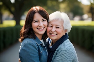 Naklejka premium a portrait of a happy adult daughter and mother on mother's day in a park setting
